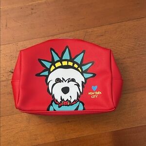 Marc Tetro Red Cosmetic Bag with Dog Statue of Liberty Design NWT